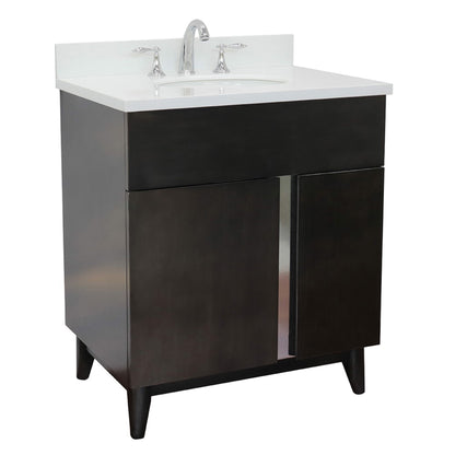 31" Single vanity in Silvery Brown finish with White engineered stone top and oval sink