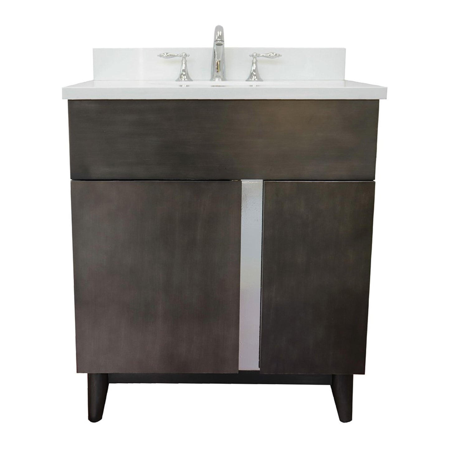 31" Single vanity in Silvery Brown finish with White engineered stone top and oval sink