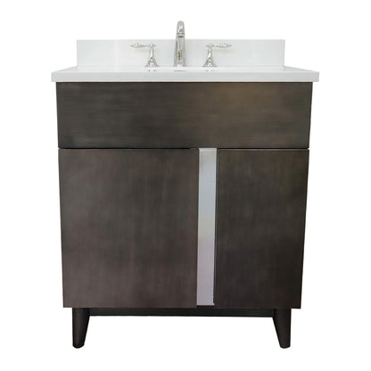 31" Single vanity in Silvery Brown finish with White engineered stone top and oval sink