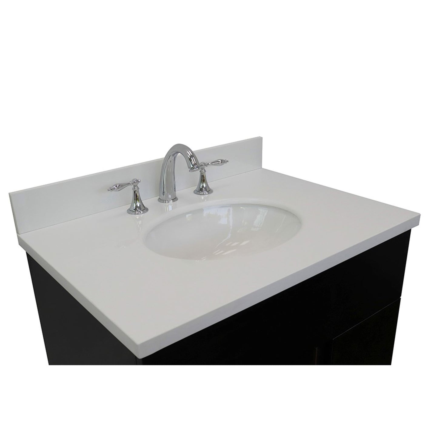 31" Single vanity in Silvery Brown finish with White engineered stone top and oval sink
