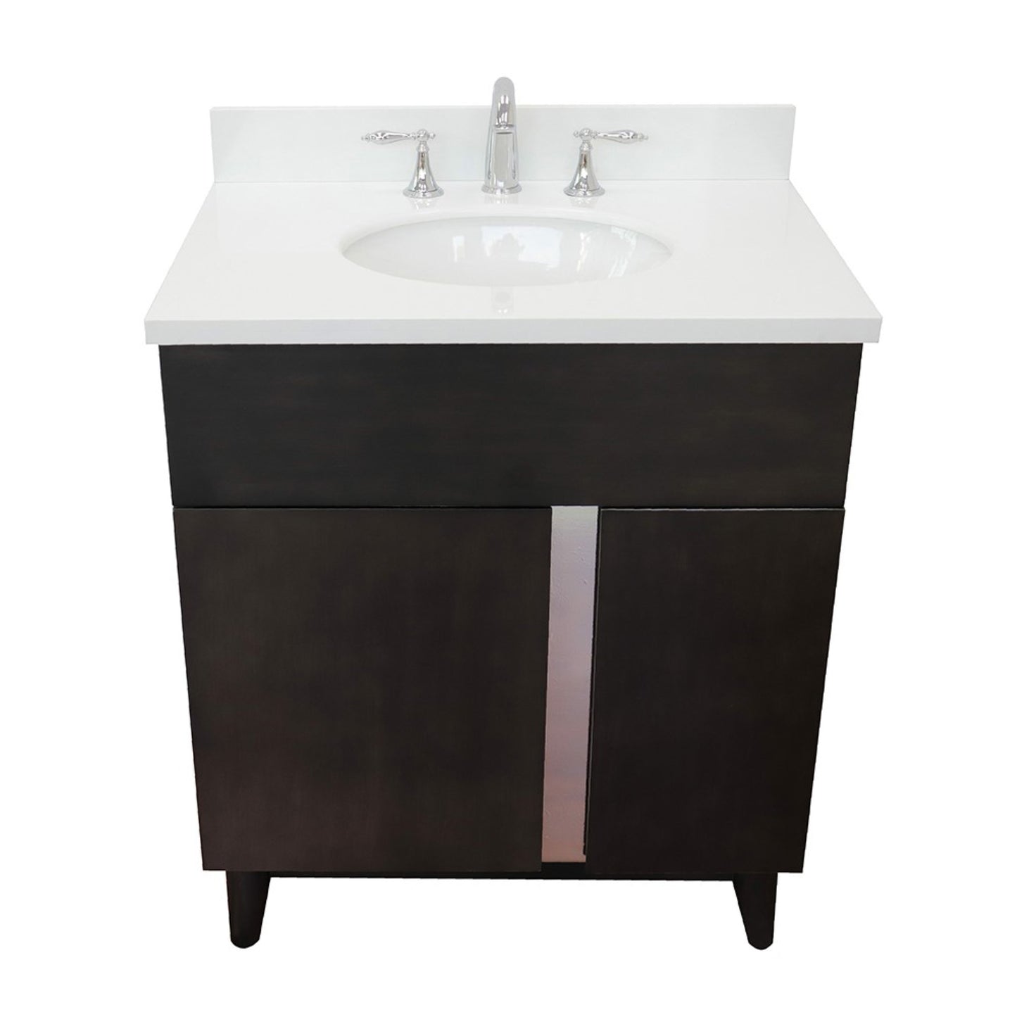 31" Single vanity in Silvery Brown finish with White engineered stone top and oval sink