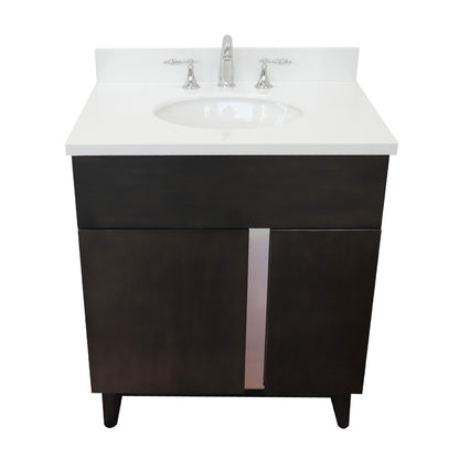 31" Single vanity in Silvery Brown finish with White engineered stone top and oval sink
