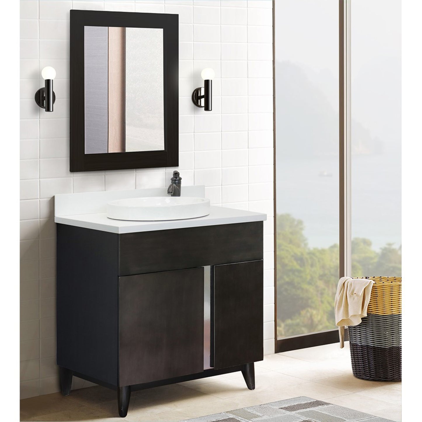 31" Single vanity in Silvery Brown finish with White engineered stone top and round sink