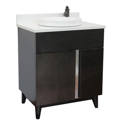 31" Single vanity in Silvery Brown finish with White engineered stone top and round sink