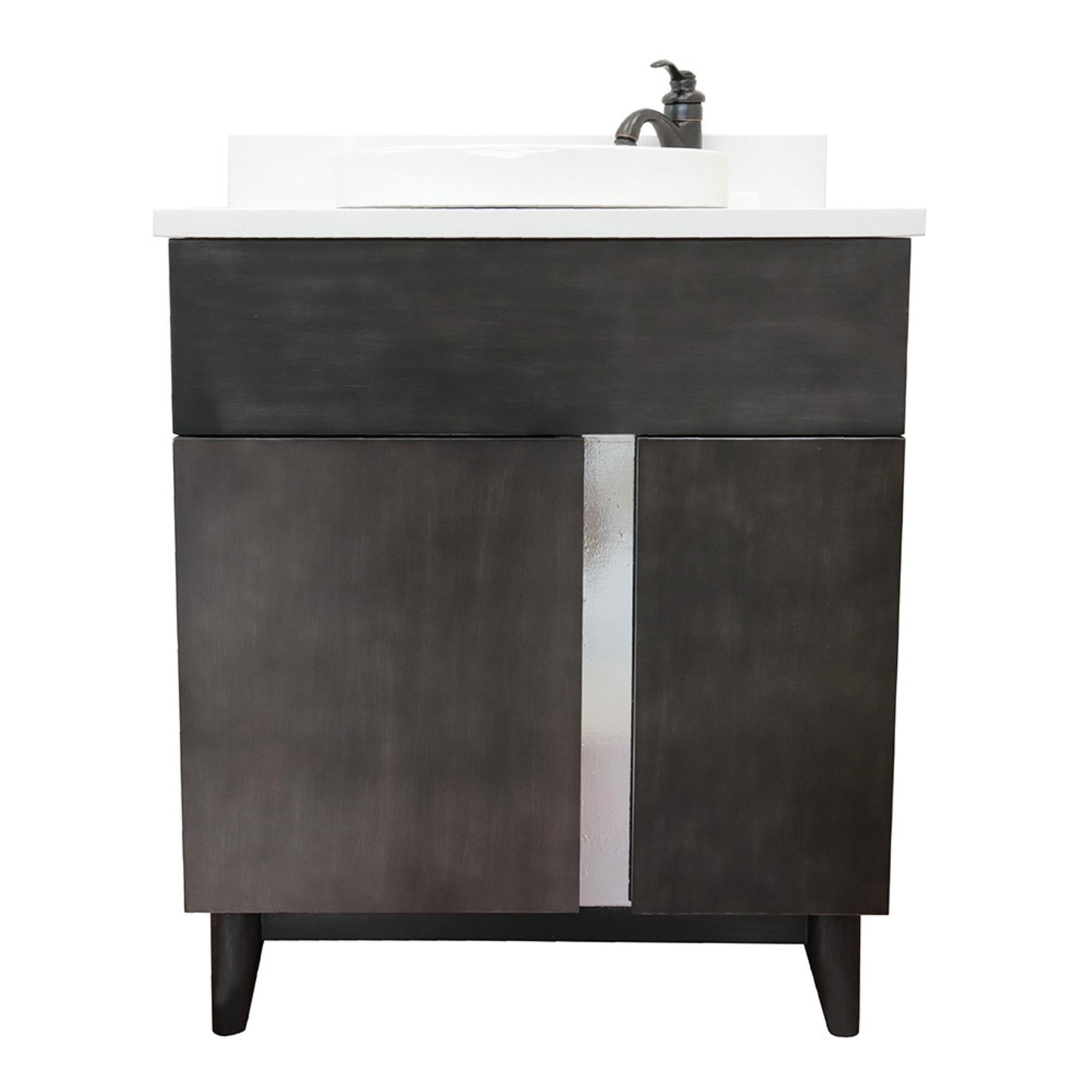 31" Single vanity in Silvery Brown finish with White engineered stone top and round sink