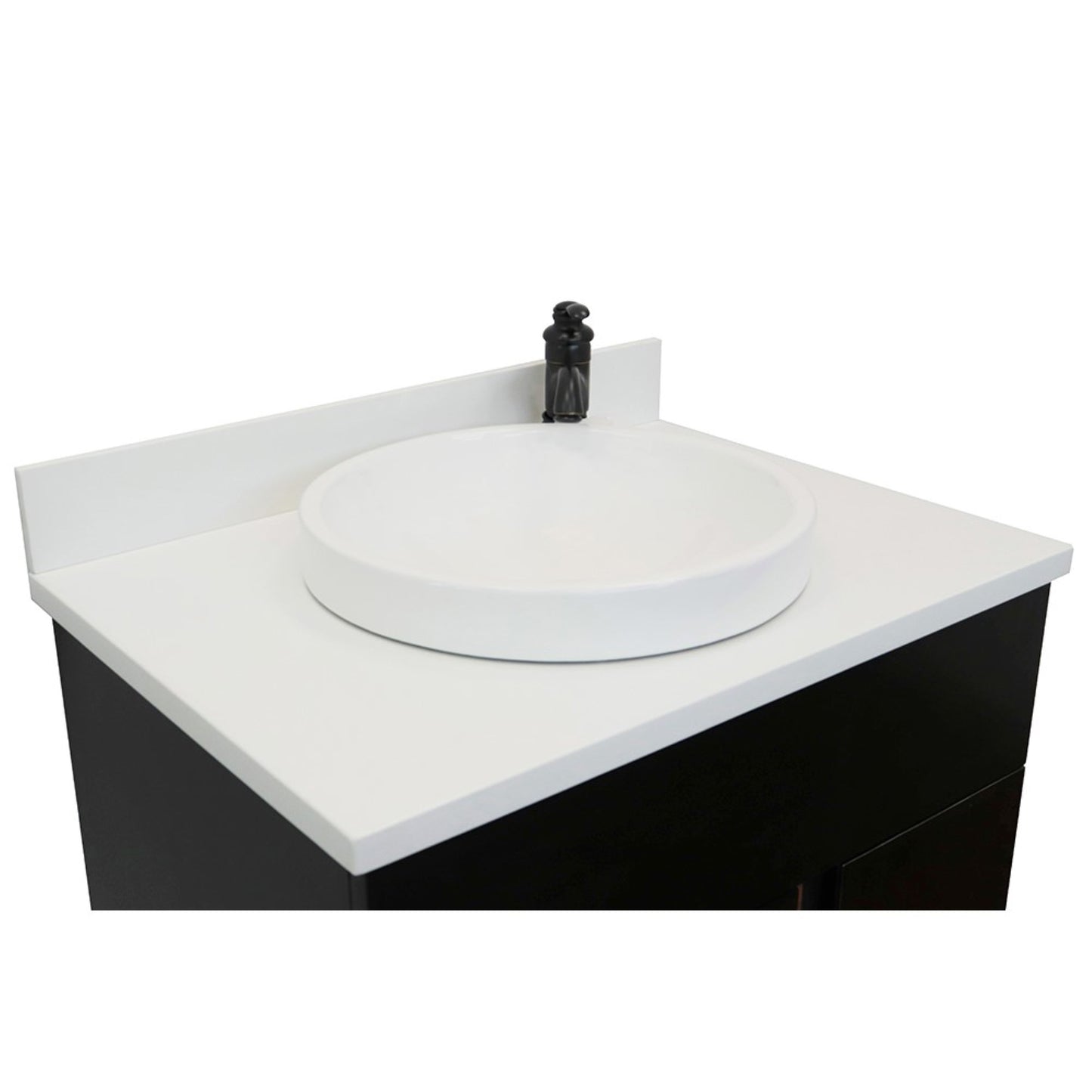 31" Single vanity in Silvery Brown finish with White engineered stone top and round sink