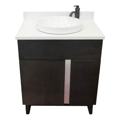 31" Single vanity in Silvery Brown finish with White engineered stone top and round sink
