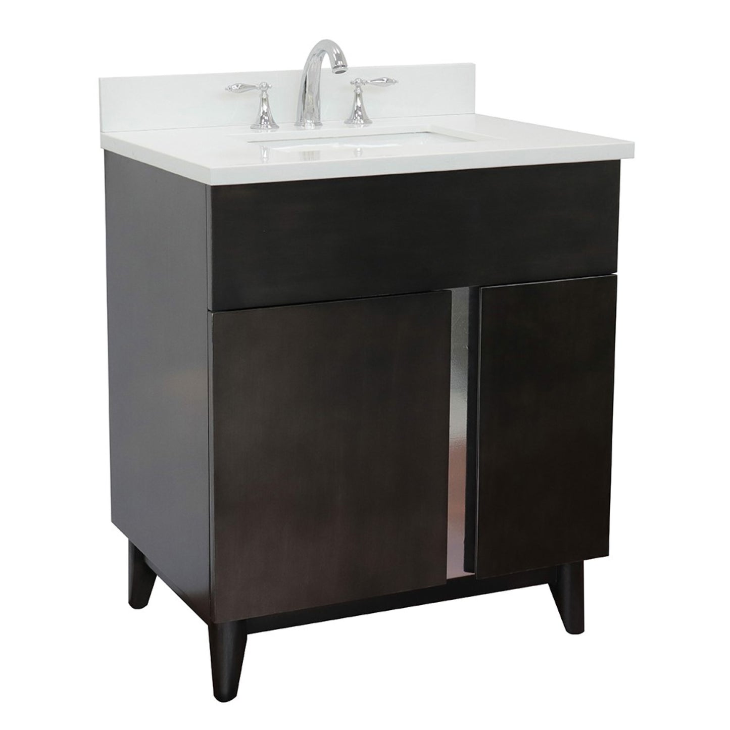 31" Single vanity in Silvery Brown finish with White engineered stone top and rectangle sink