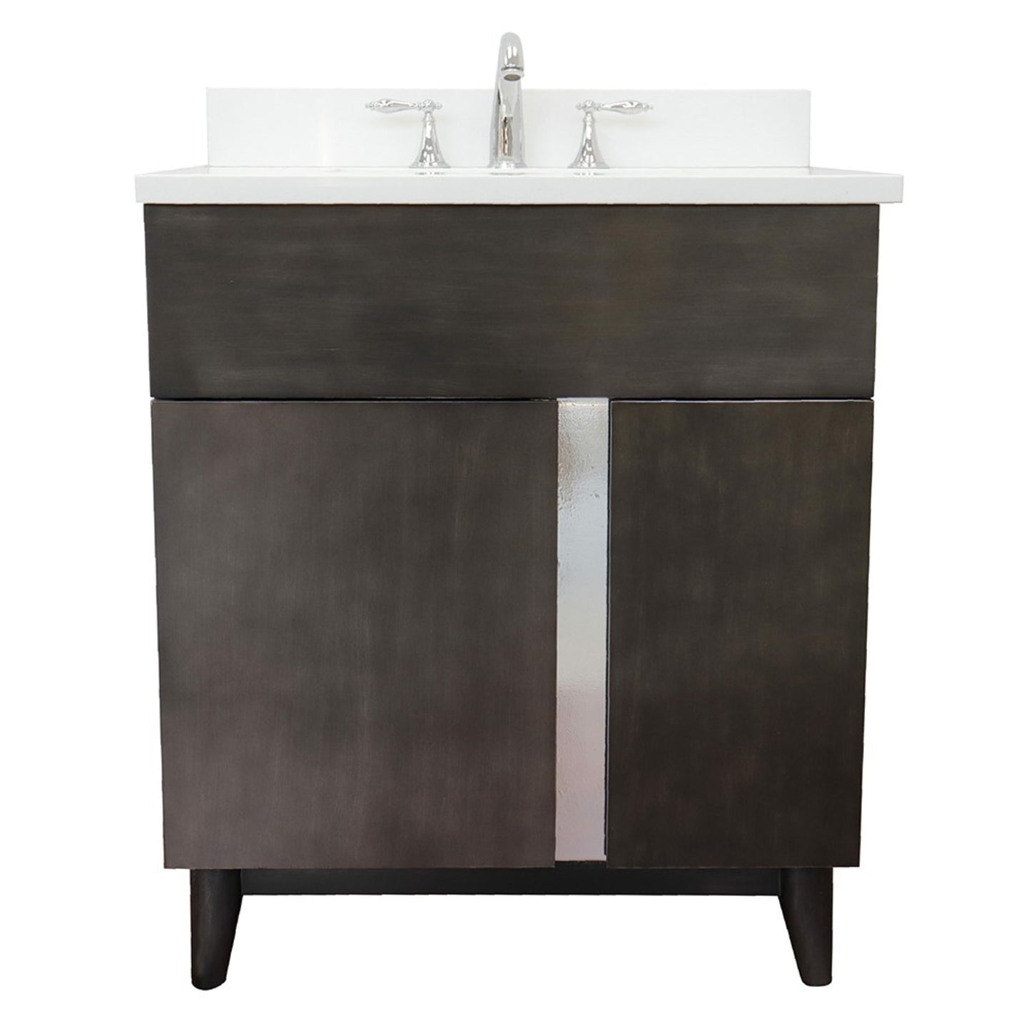31" Single vanity in Silvery Brown finish with White engineered stone top and rectangle sink