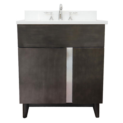 31" Single vanity in Silvery Brown finish with White engineered stone top and rectangle sink