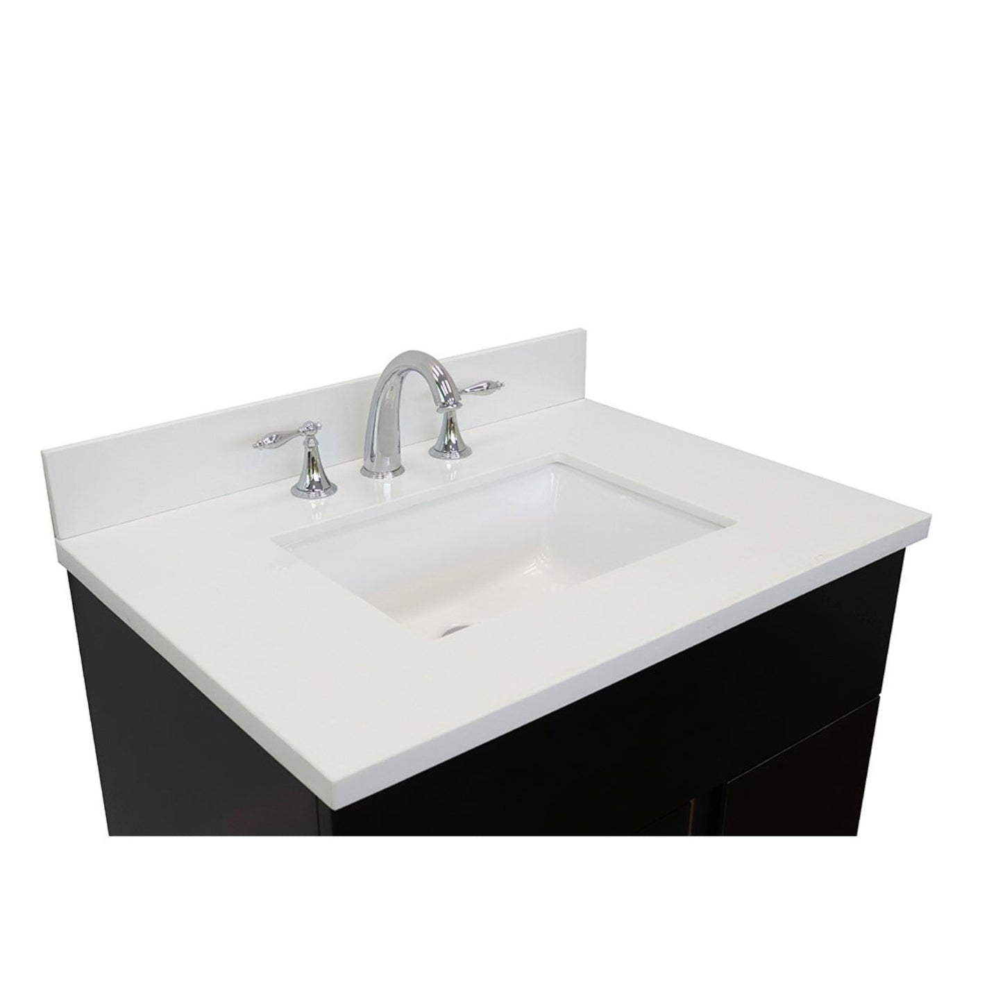 31" Single vanity in Silvery Brown finish with White engineered stone top and rectangle sink