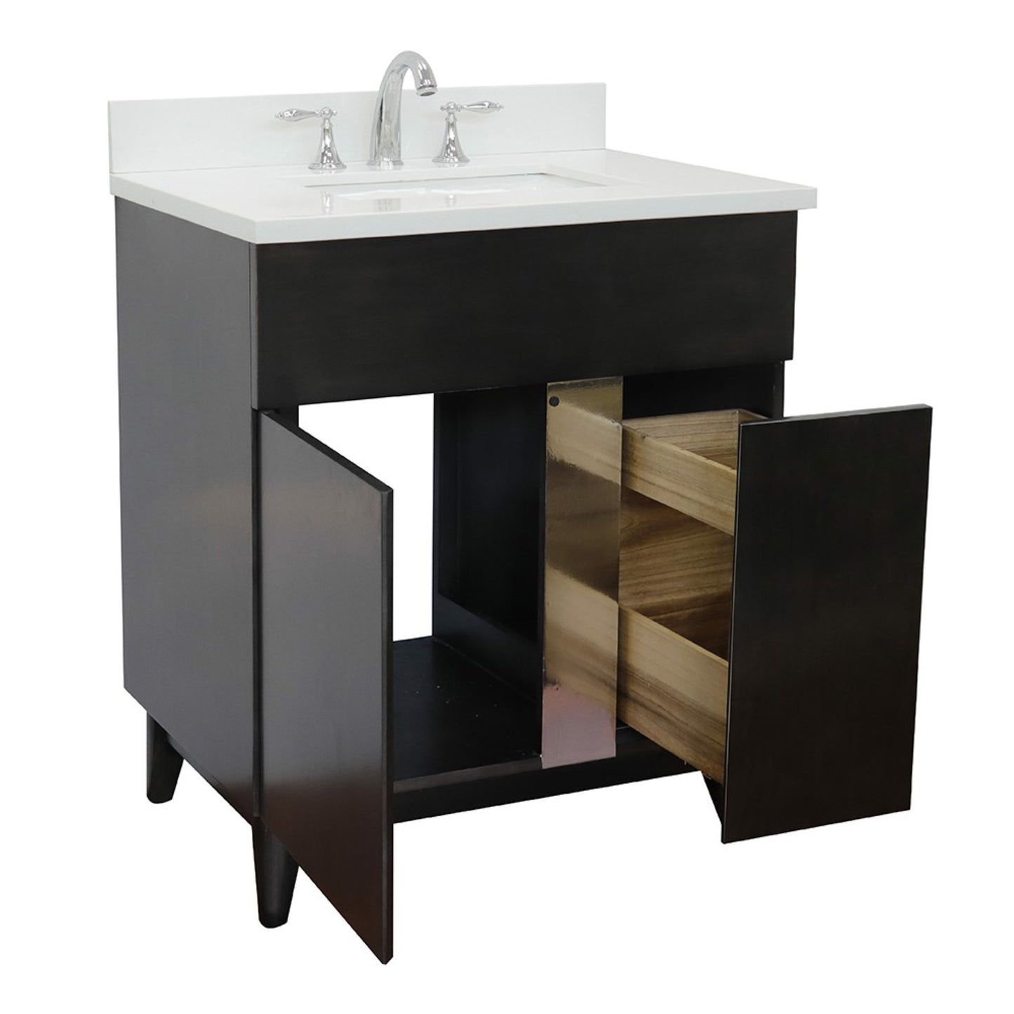 31" Single vanity in Silvery Brown finish with White engineered stone top and rectangle sink
