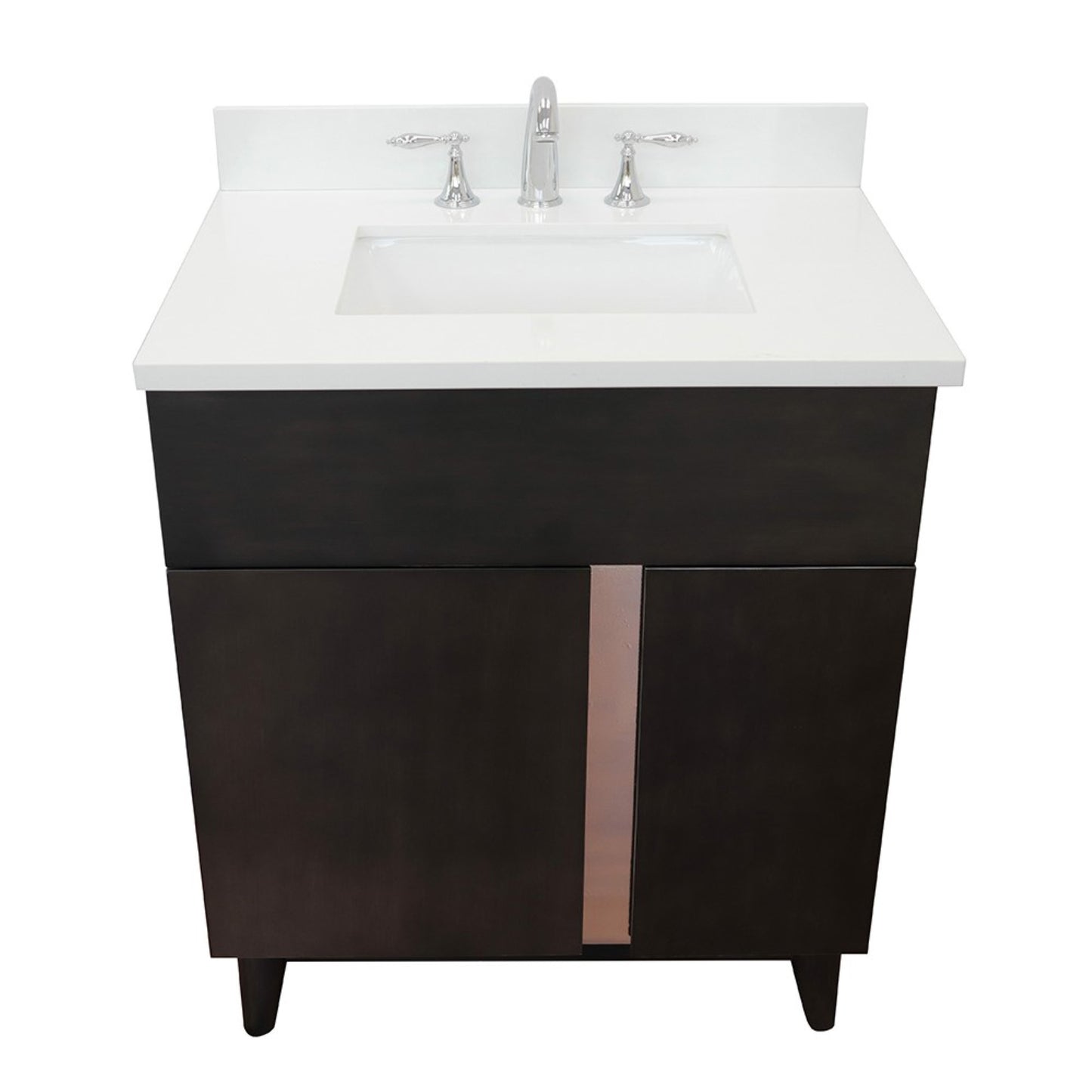 31" Single vanity in Silvery Brown finish with White engineered stone top and rectangle sink