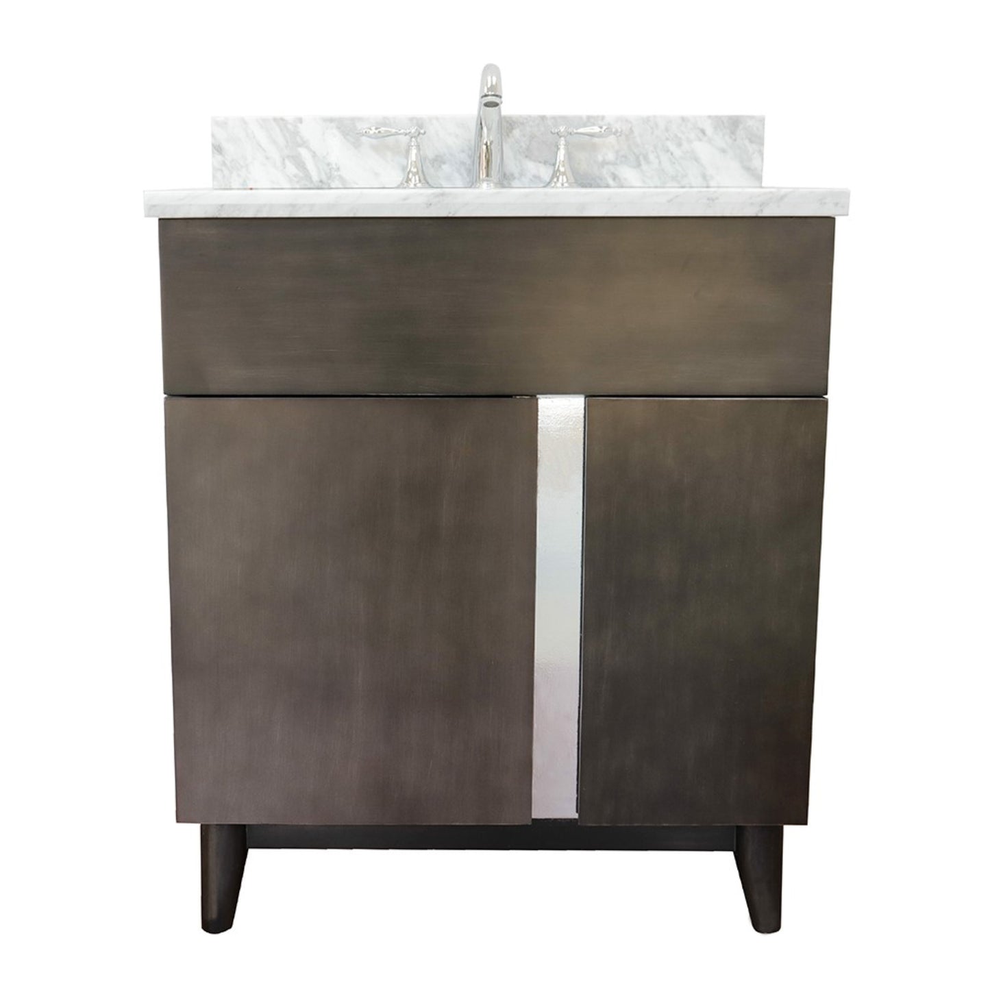 31" Single vanity in Silvery Brown finish with White Carrara top and oval sink