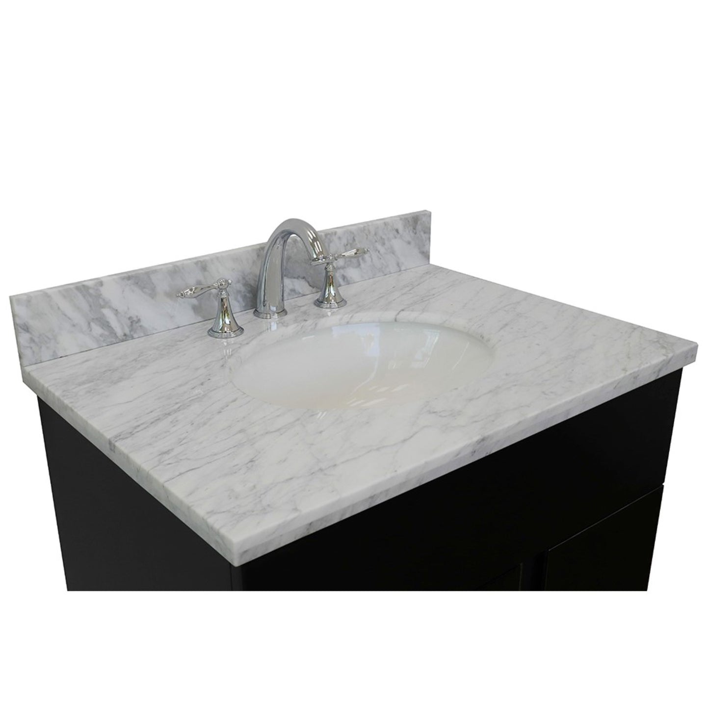31" Single vanity in Silvery Brown finish with White Carrara top and oval sink
