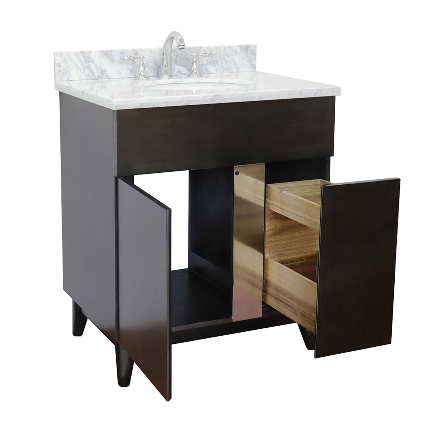 31" Single vanity in Silvery Brown finish with White Carrara top and oval sink