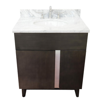 31" Single vanity in Silvery Brown finish with White Carrara top and oval sink