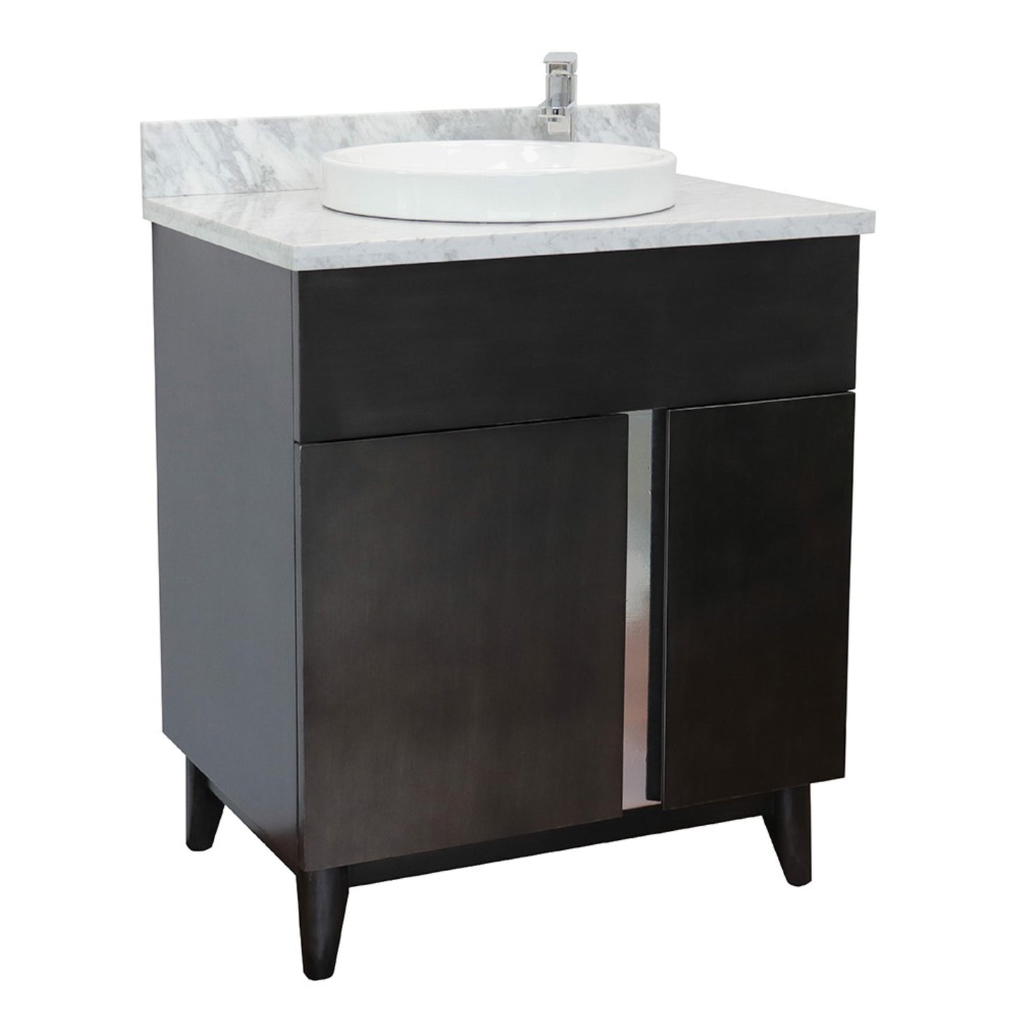 31" Single vanity in Silvery Brown finish with White Carrara top and round sink