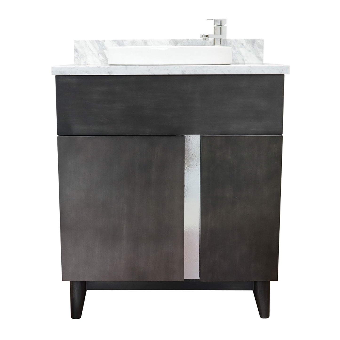 31" Single vanity in Silvery Brown finish with White Carrara top and round sink