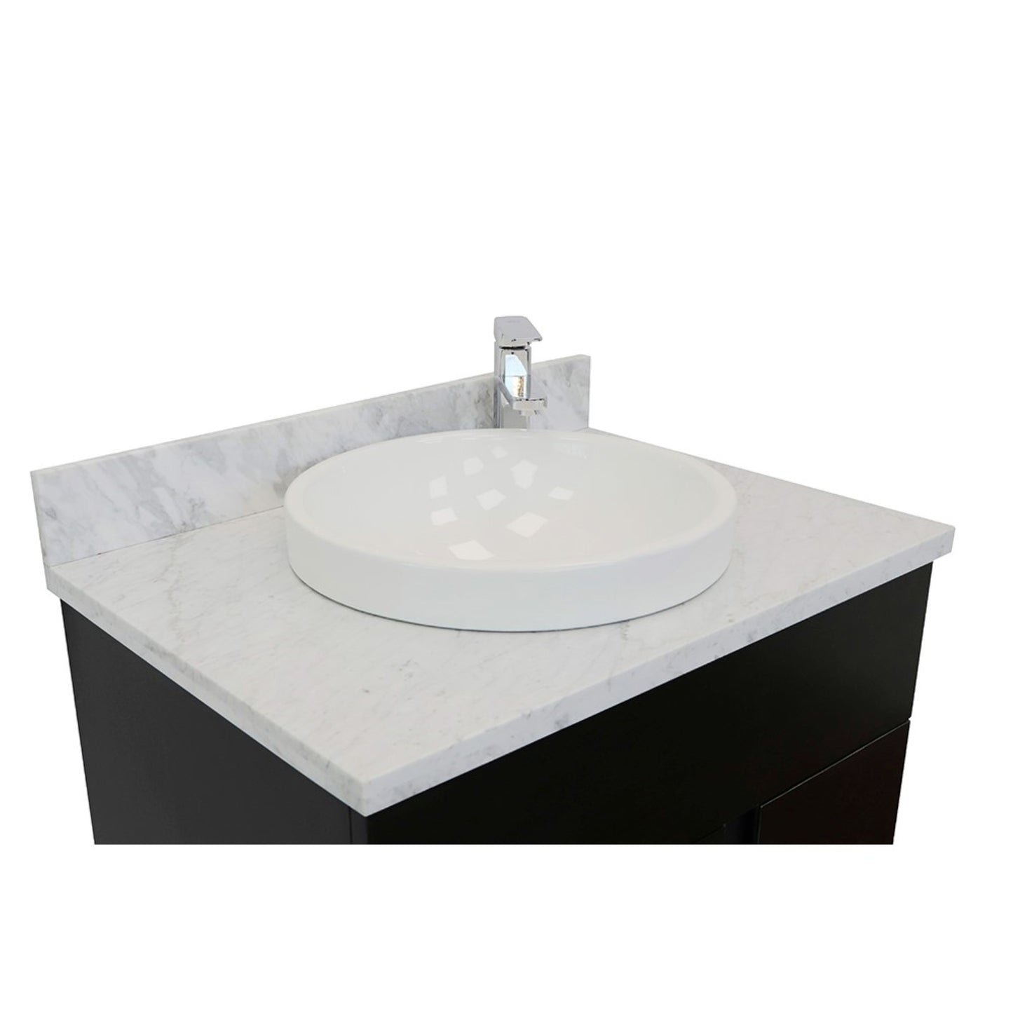 31" Single vanity in Silvery Brown finish with White Carrara top and round sink