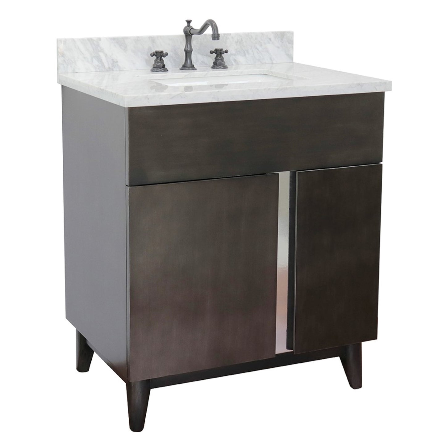 31" Single vanity in Silvery Brown finish with White Carrara top and rectangle sink