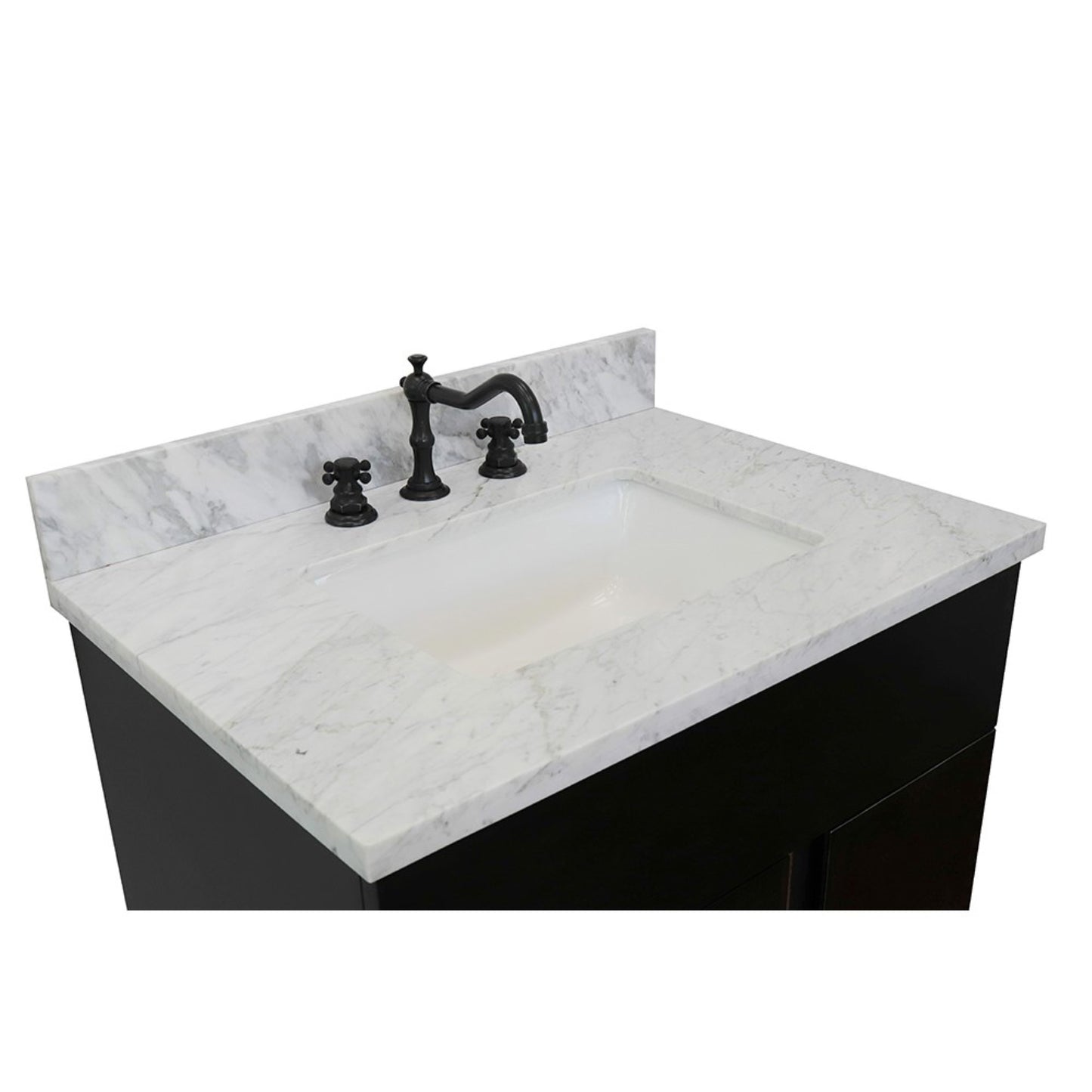 31" Single vanity in Silvery Brown finish with White Carrara top and rectangle sink
