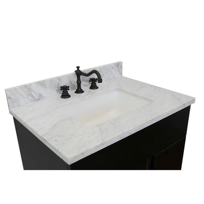 31" Single vanity in Silvery Brown finish with White Carrara top and rectangle sink