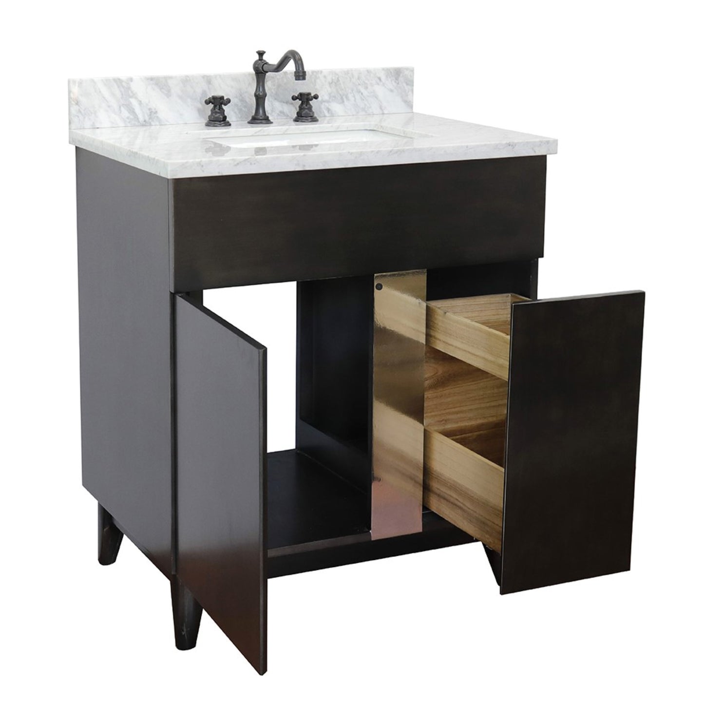 31" Single vanity in Silvery Brown finish with White Carrara top and rectangle sink