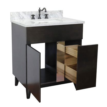 31" Single vanity in Silvery Brown finish with White Carrara top and rectangle sink