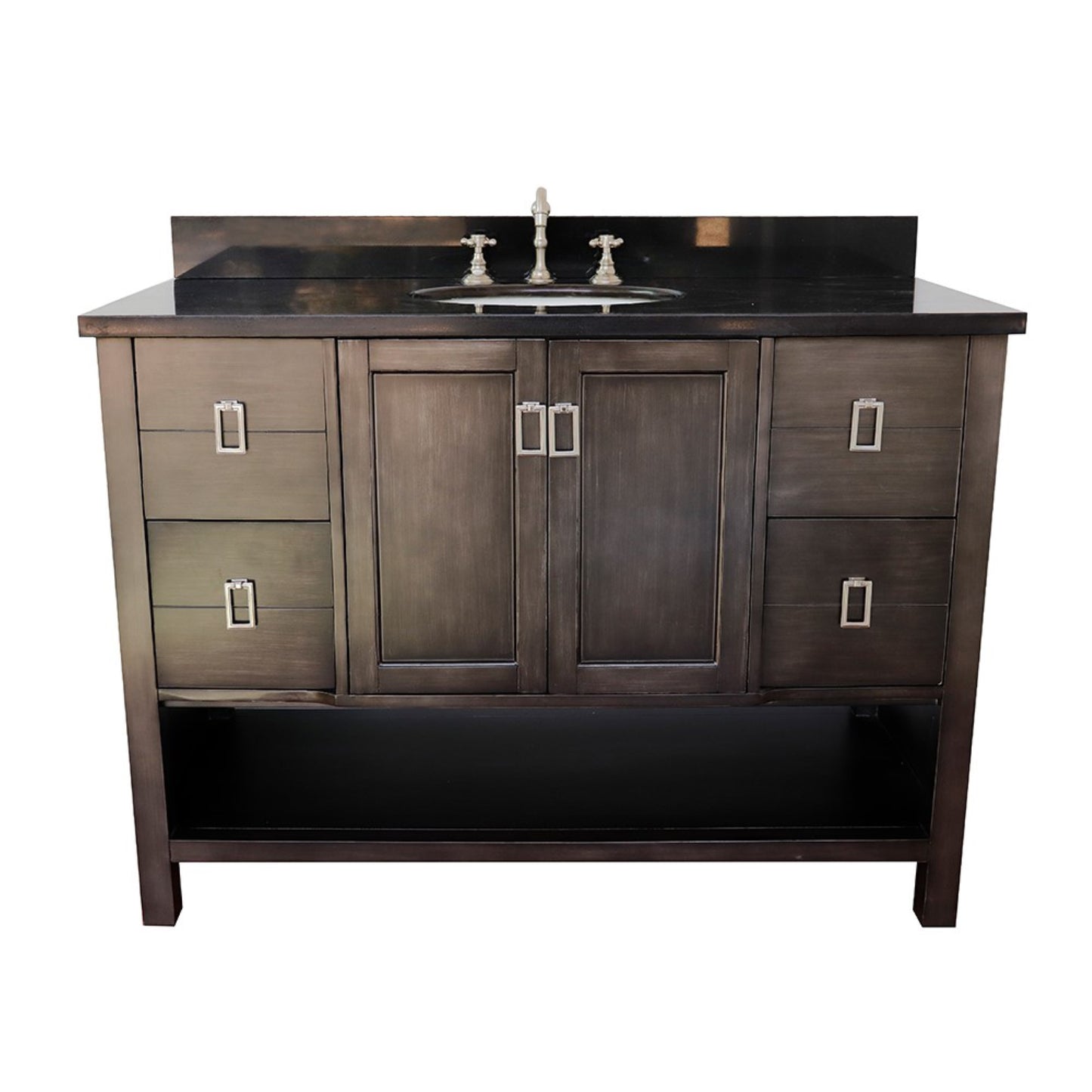 49" Single vanity in Silvery Brown finish with Black Galaxy top and oval sink