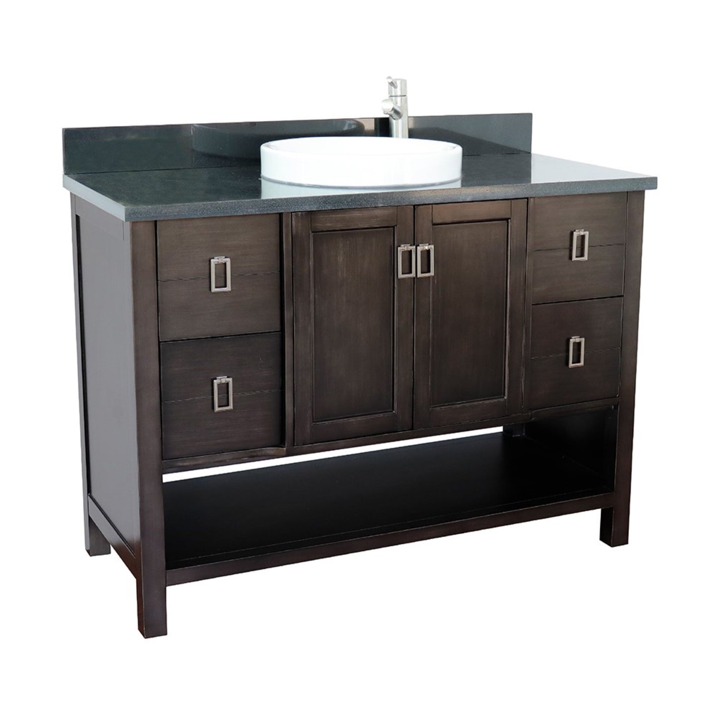 49" Single vanity in Silvery Brown finish with Black Galaxy top and round sink