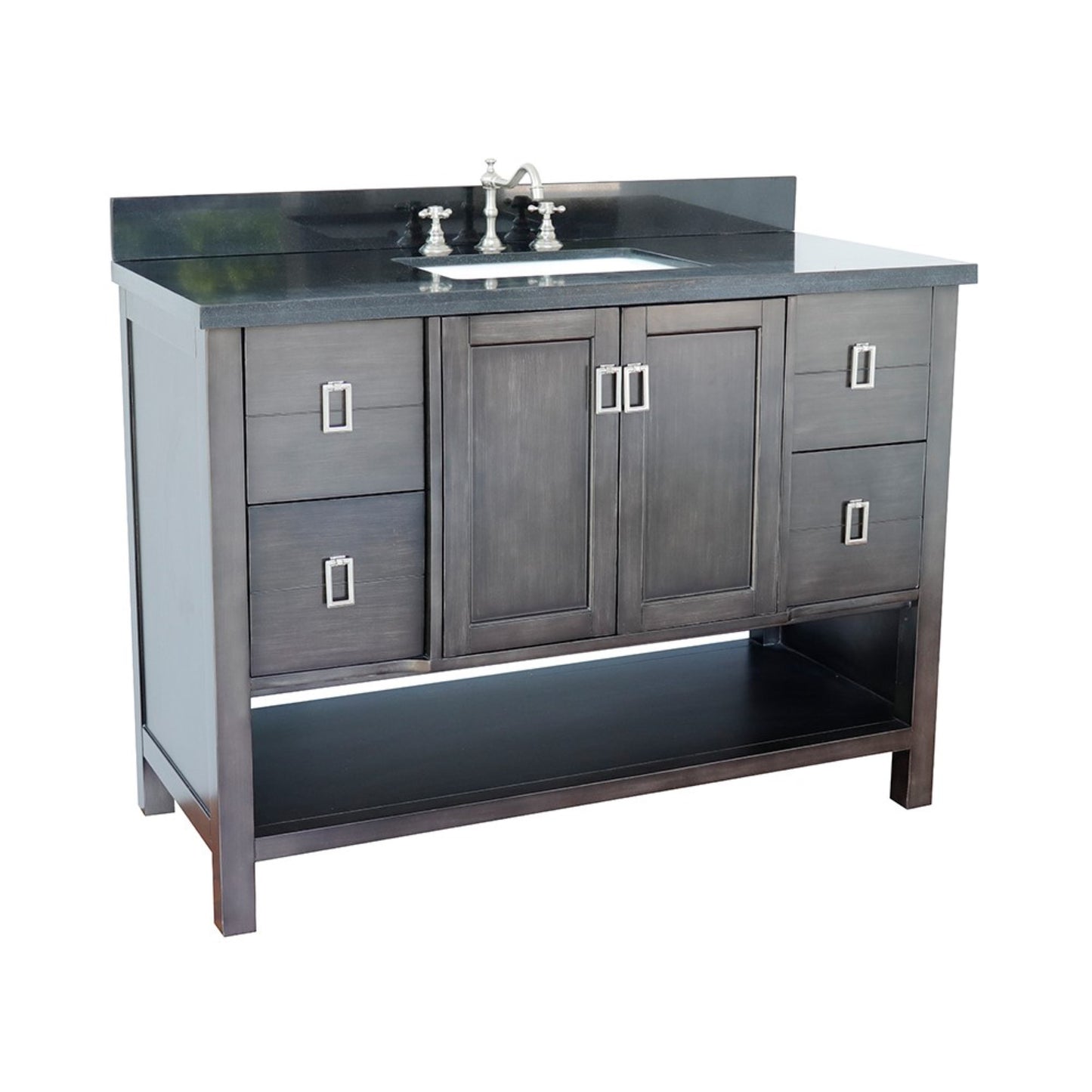 49" Single vanity in Silvery Brown finish with Black Galaxy top and rectangle sink