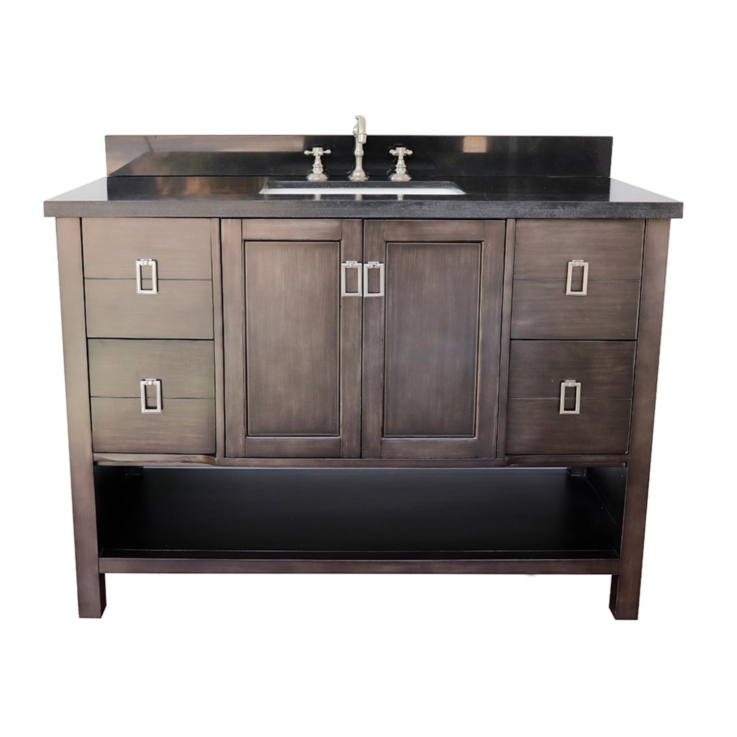 49" Single vanity in Silvery Brown finish with Black Galaxy top and rectangle sink