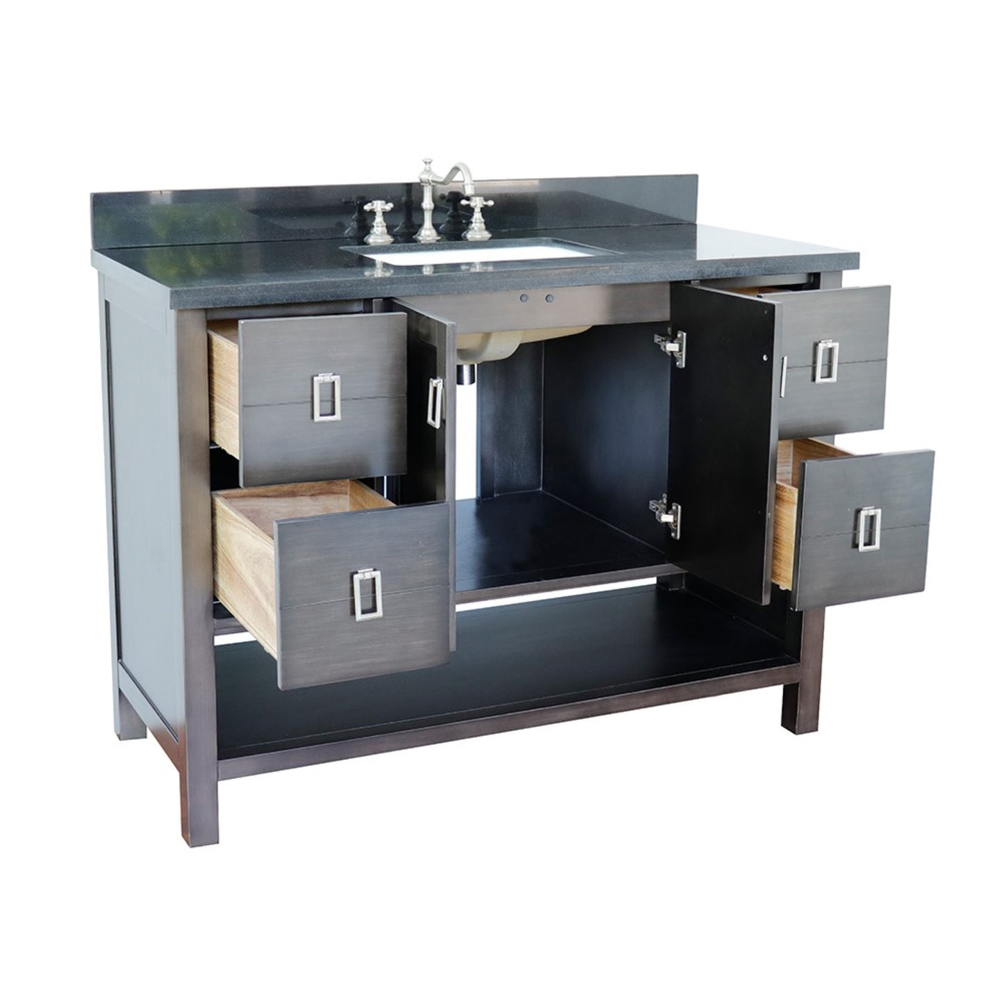 49" Single vanity in Silvery Brown finish with Black Galaxy top and rectangle sink