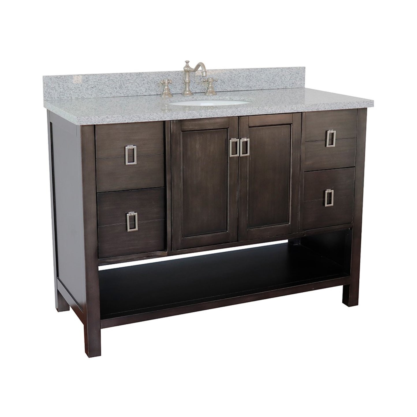 49" Single vanity in Silvery Brown finish with Gray granite top and oval sink