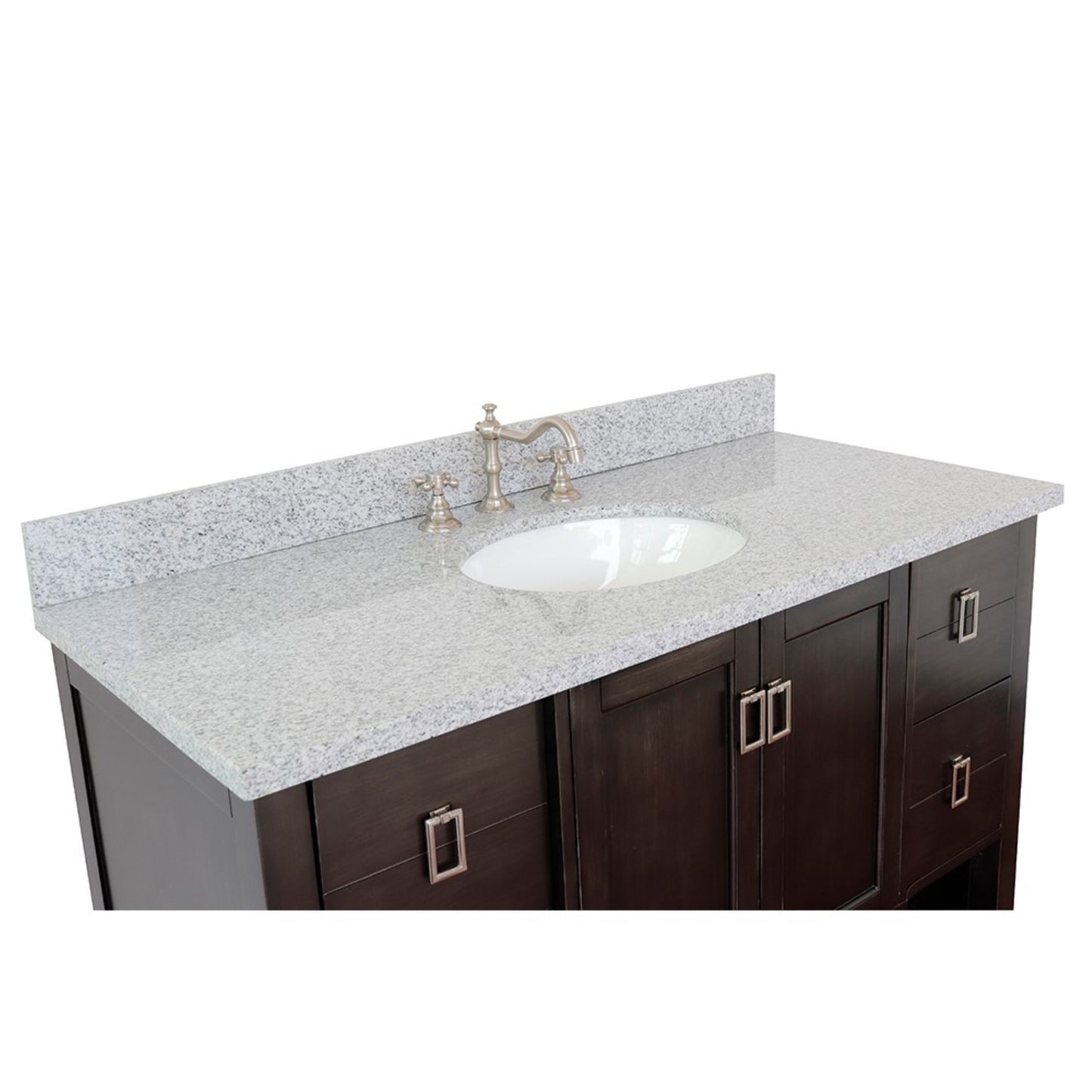 49" Single vanity in Silvery Brown finish with Gray granite top and oval sink