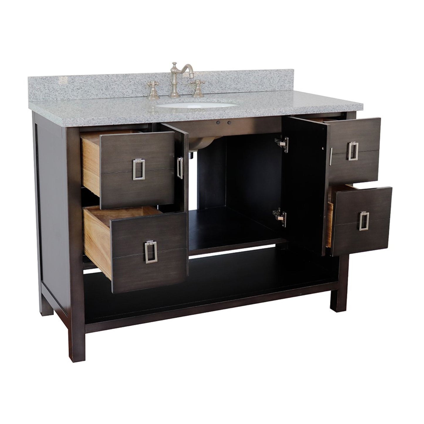 49" Single vanity in Silvery Brown finish with Gray granite top and oval sink