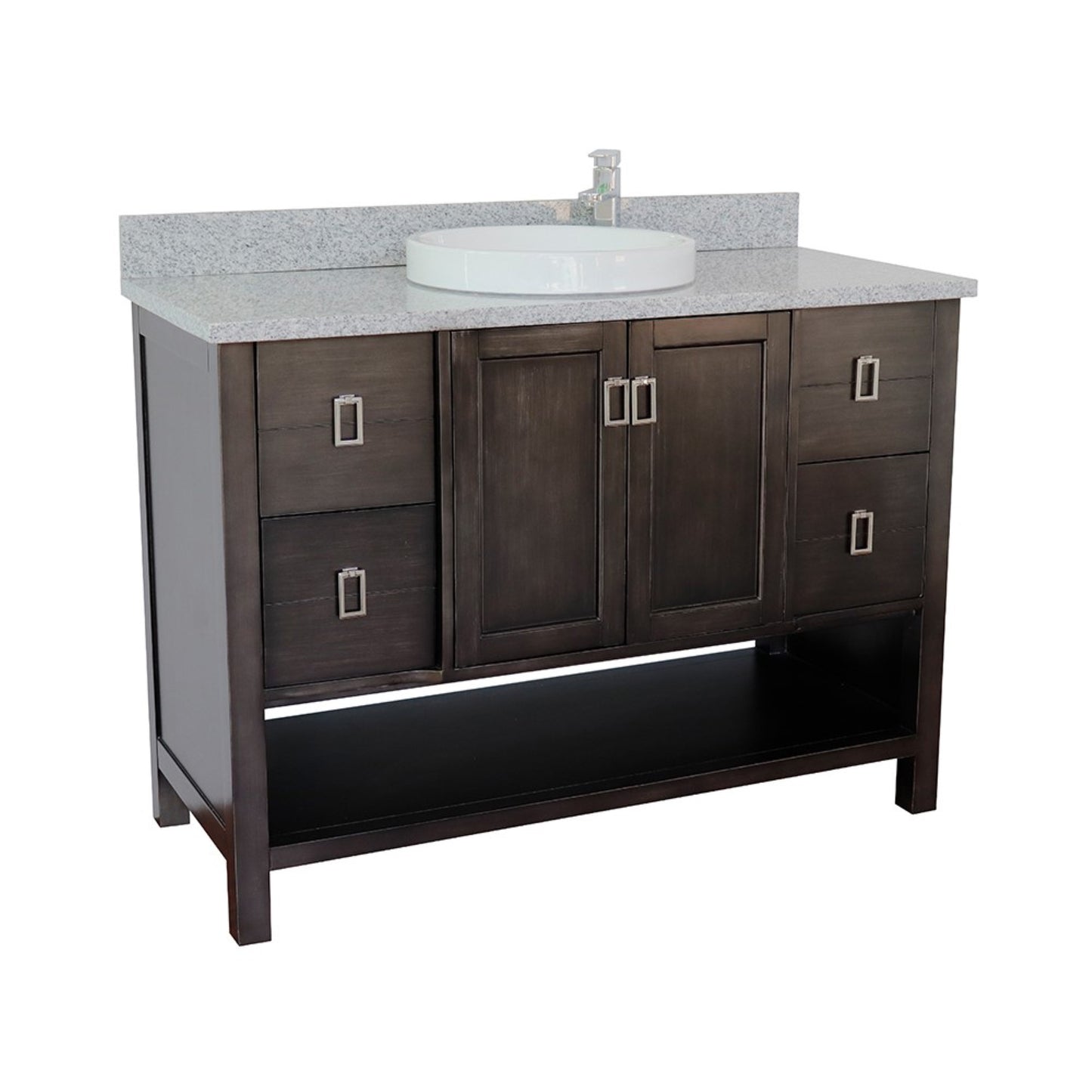 49" Single vanity in Silvery Brown finish with Gray granite top and round sink