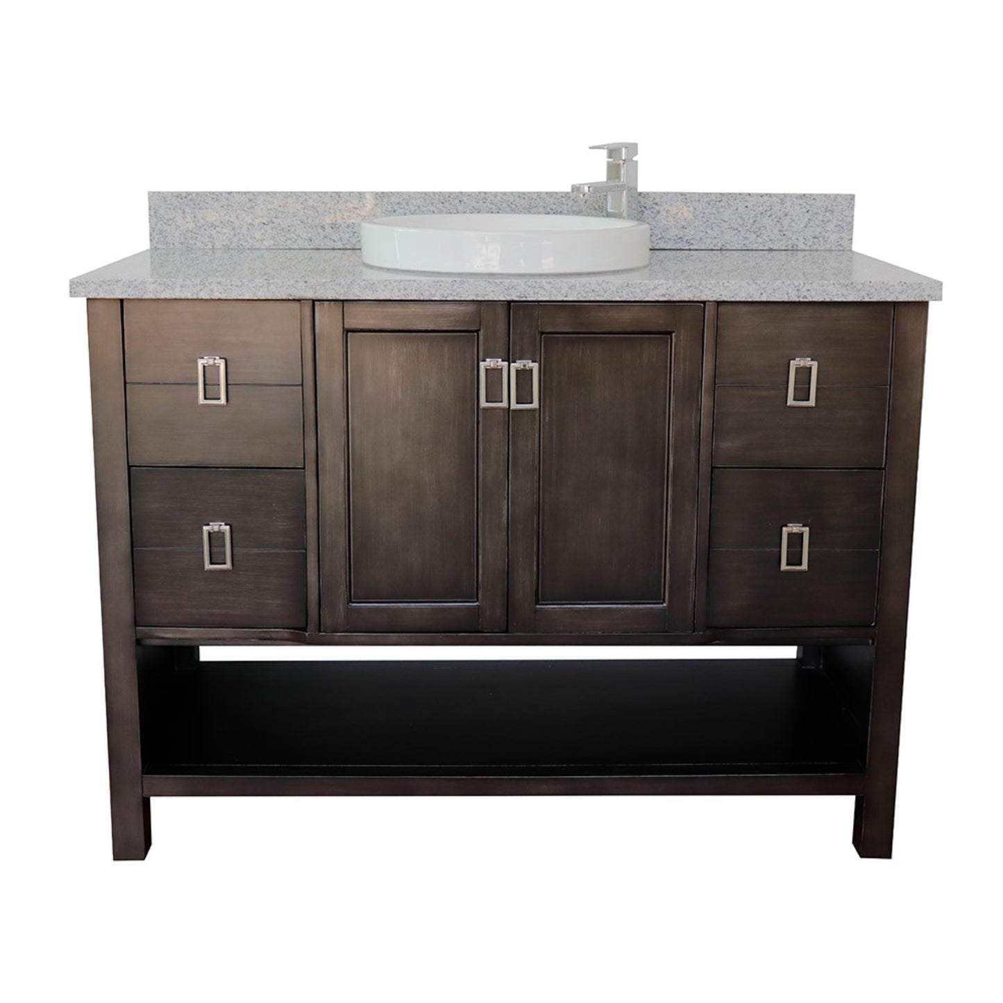 49" Single vanity in Silvery Brown finish with Gray granite top and round sink