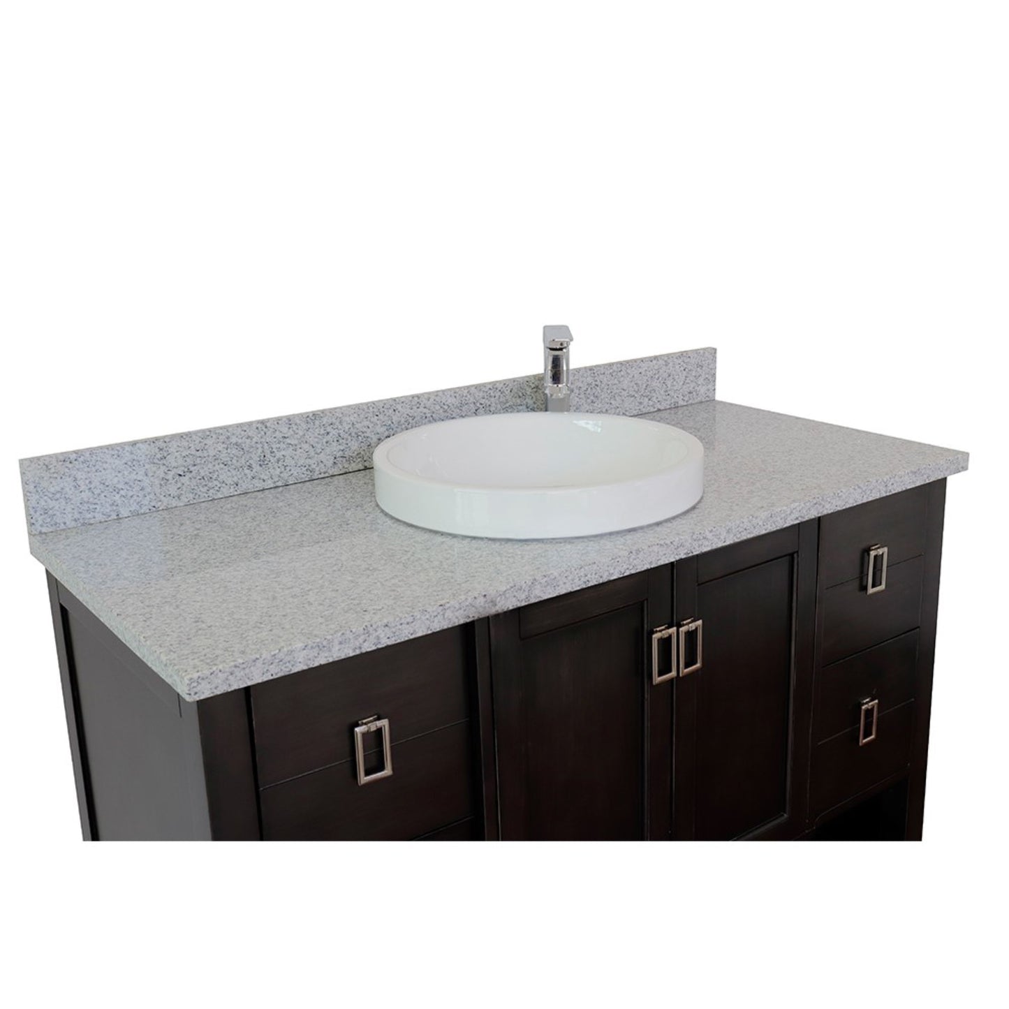 49" Single vanity in Silvery Brown finish with Gray granite top and round sink