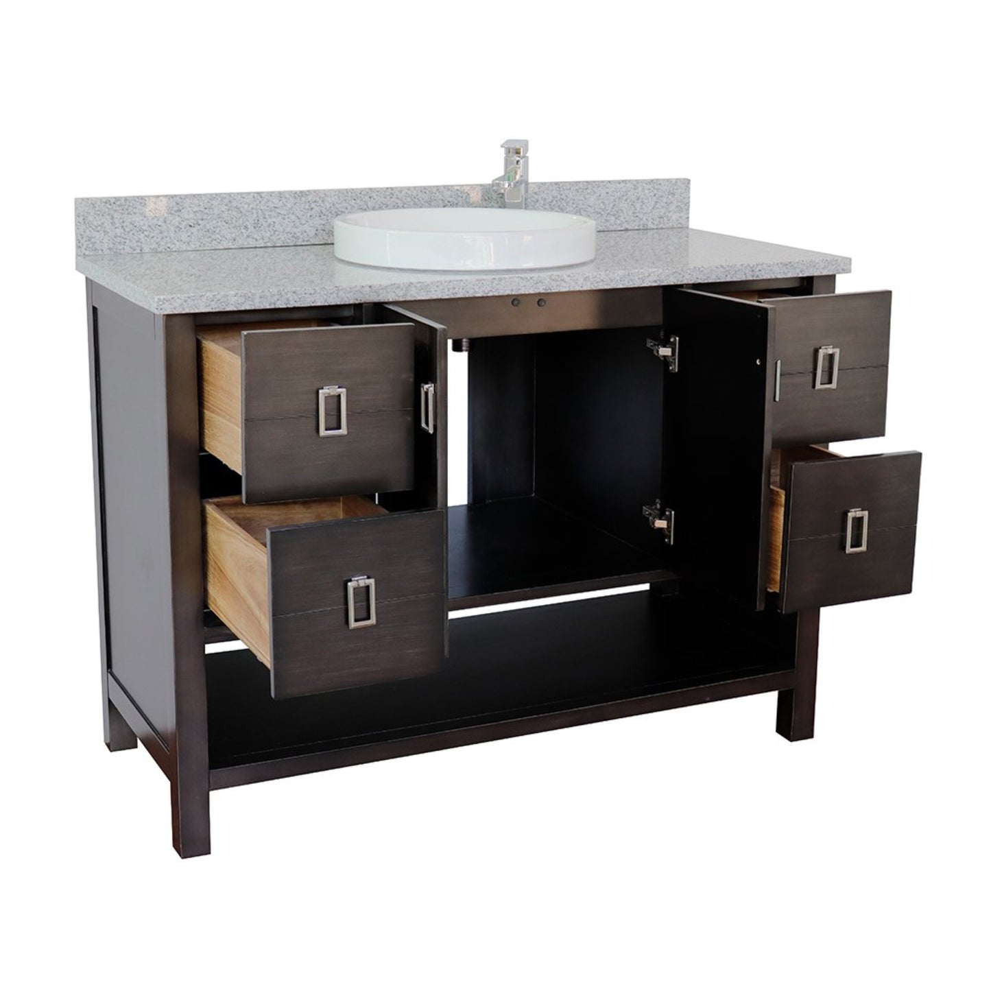 49" Single vanity in Silvery Brown finish with Gray granite top and round sink