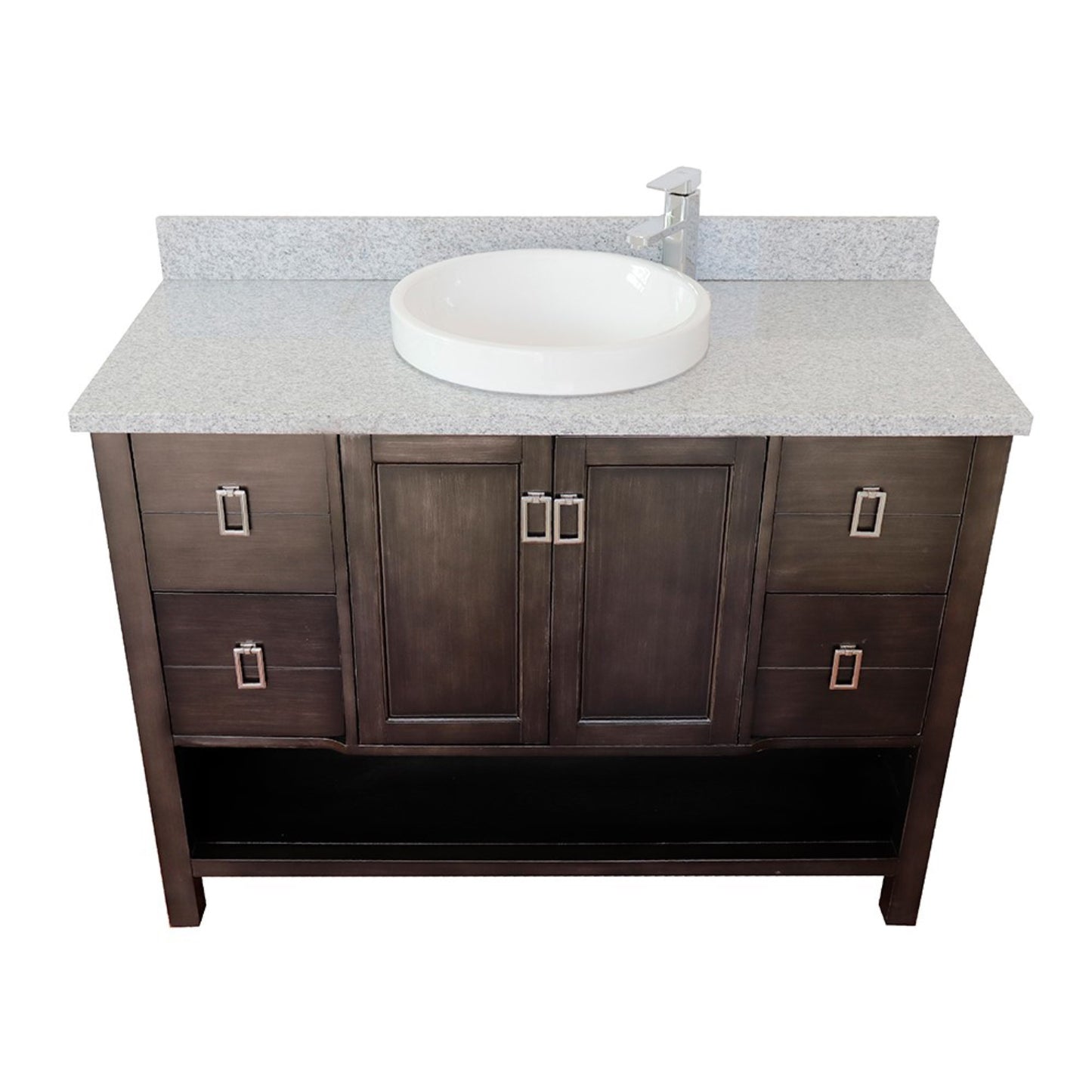 49" Single vanity in Silvery Brown finish with Gray granite top and round sink