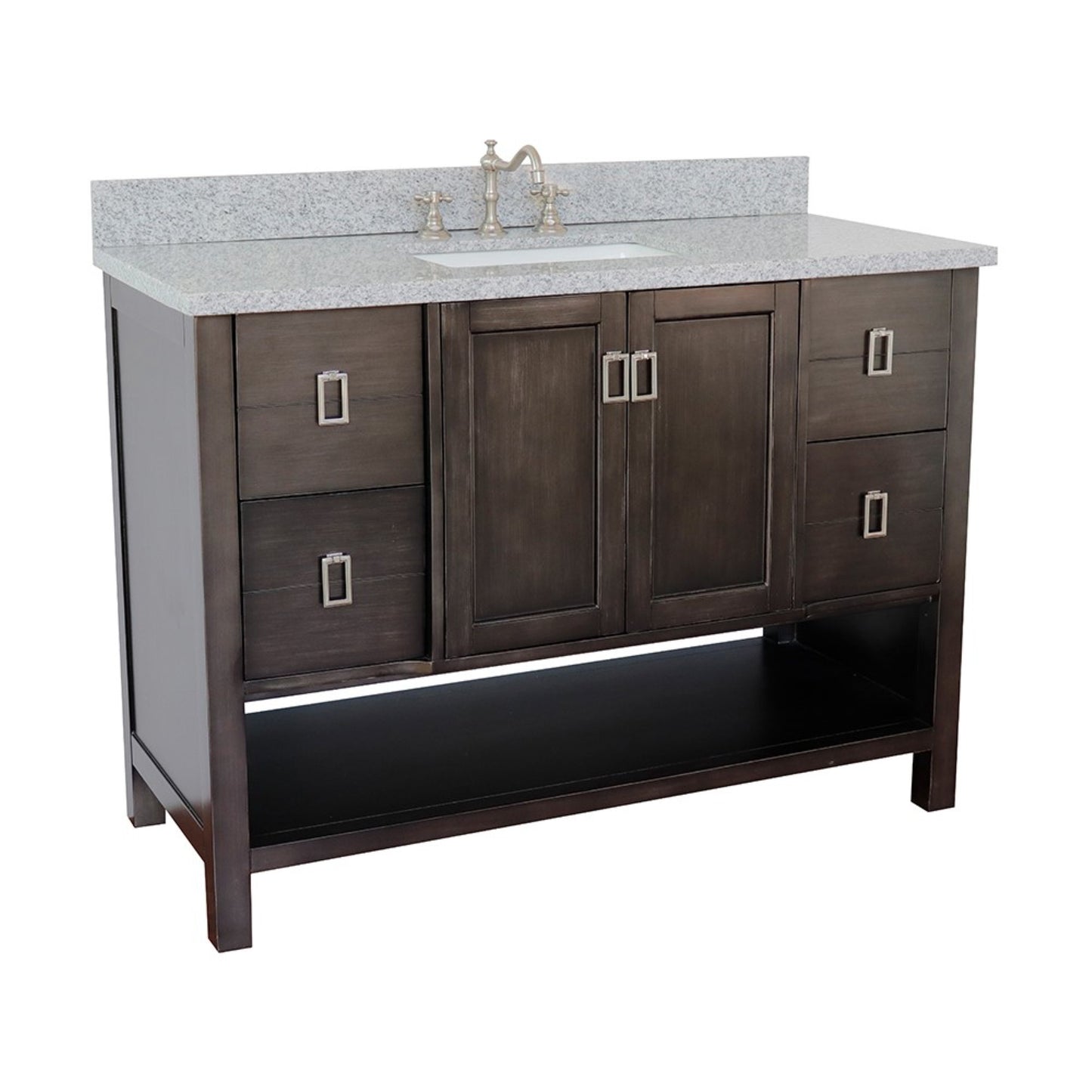 49" Single vanity in Silvery Brown finish with Gray granite top and rectangle sink