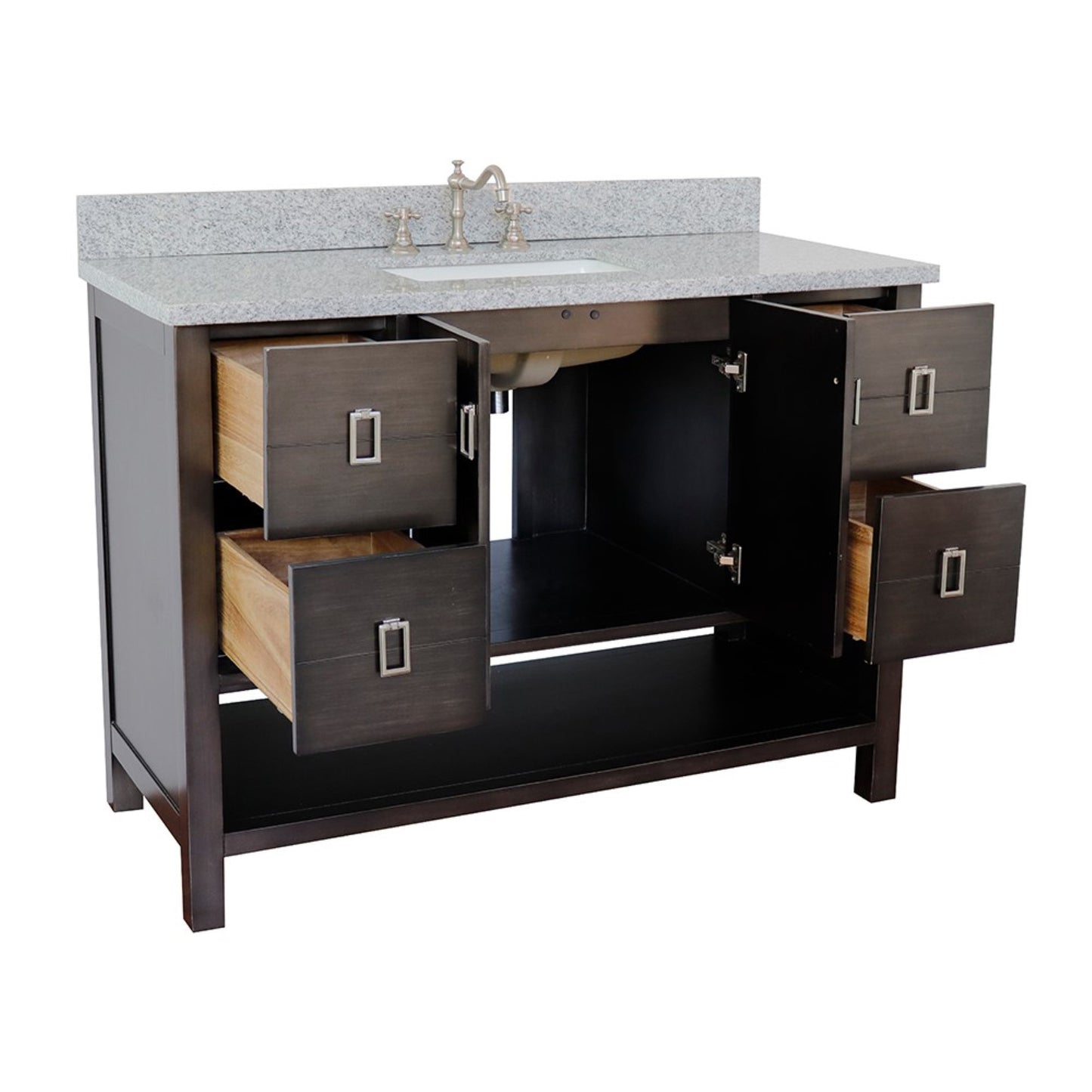 49" Single vanity in Silvery Brown finish with Gray granite top and rectangle sink