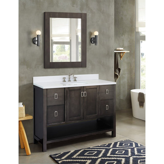 49" Single vanity in Silvery Brown finish with White engineered stone top and oval sink