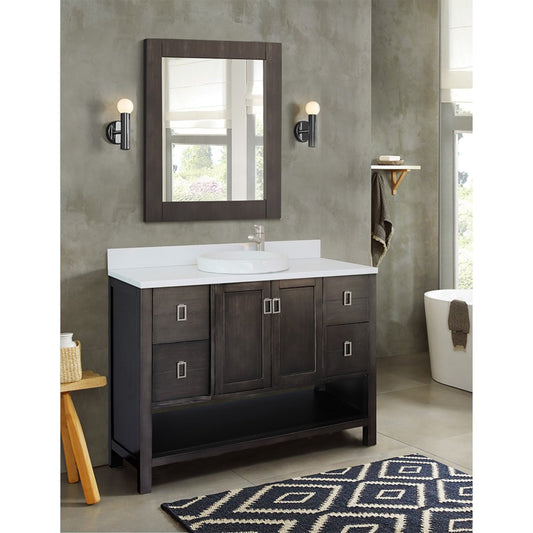 49" Single vanity in Silvery Brown finish with White engineered stone top and round sink