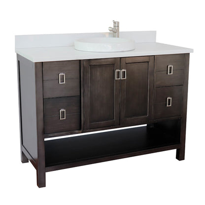 49" Single vanity in Silvery Brown finish with White engineered stone top and round sink