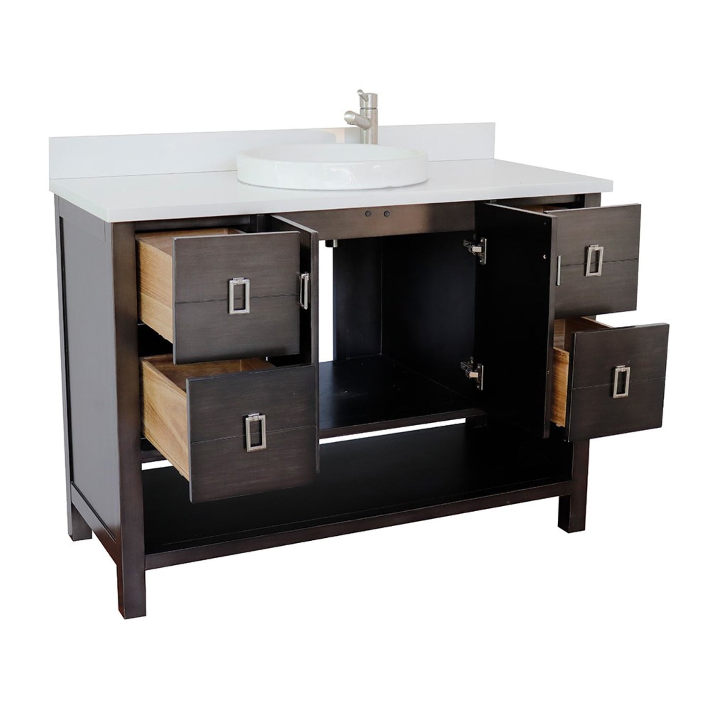 49" Single vanity in Silvery Brown finish with White engineered stone top and round sink