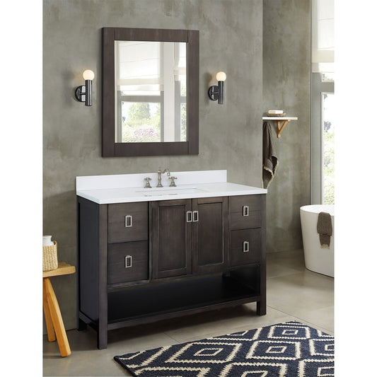 49" Single vanity in Silvery Brown finish with White engineered stone top and rectangle sink