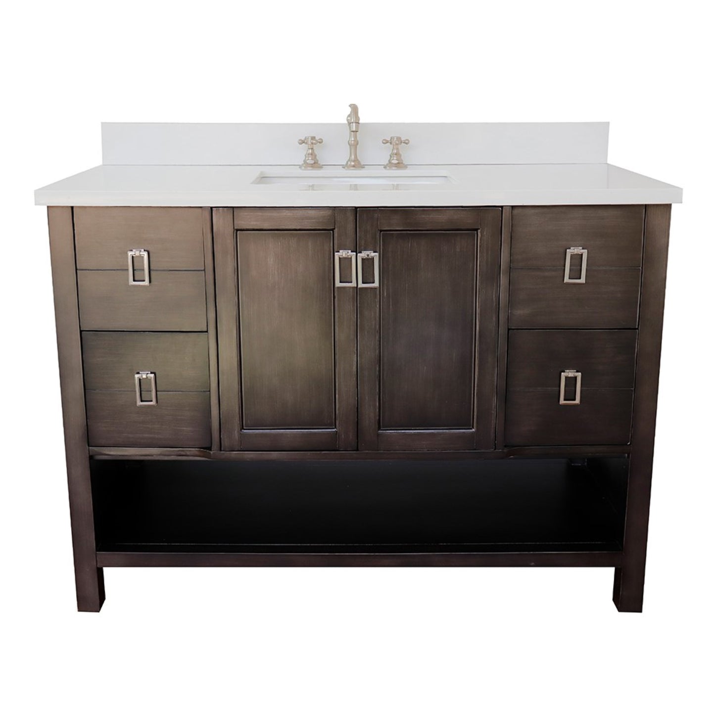 49" Single vanity in Silvery Brown finish with White engineered stone top and rectangle sink